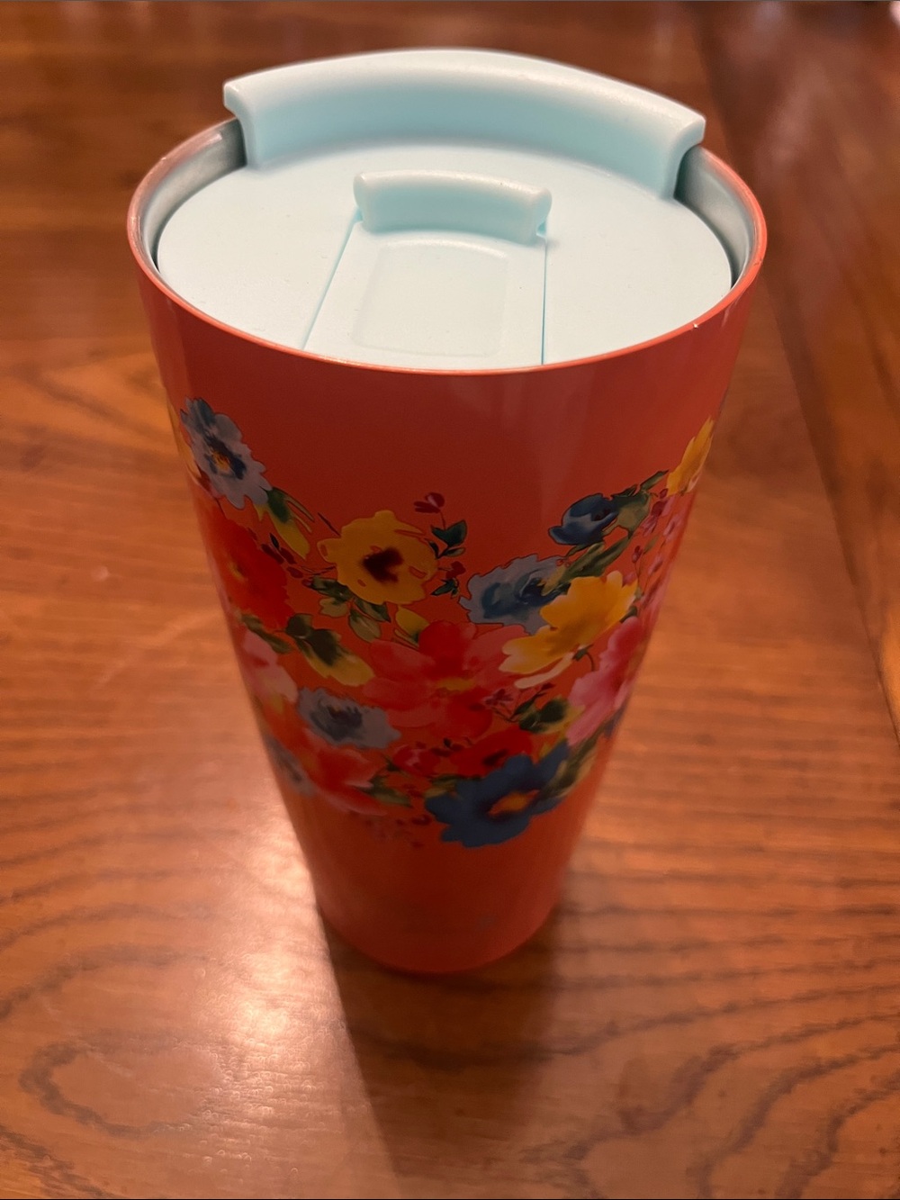 The Pioneer Woman Floral Coral Travel Tumbler with Light Blue Lid
